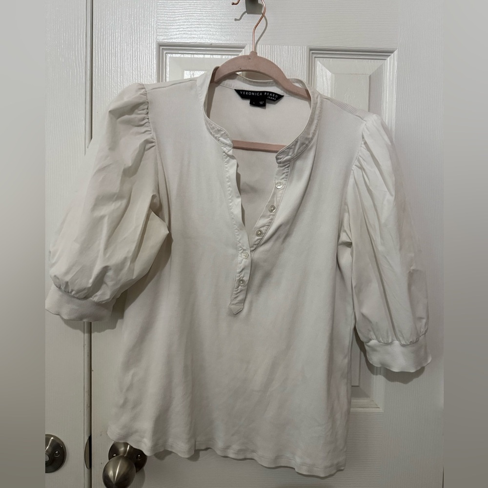Veronica Beard Shirt Top Womens Large White Coralee Puff Sleeve Henley Neck.